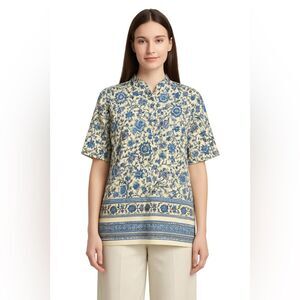 Anna and Frank Women’s Floral Blue & Cream Button Down Top XL Cruise Vacation